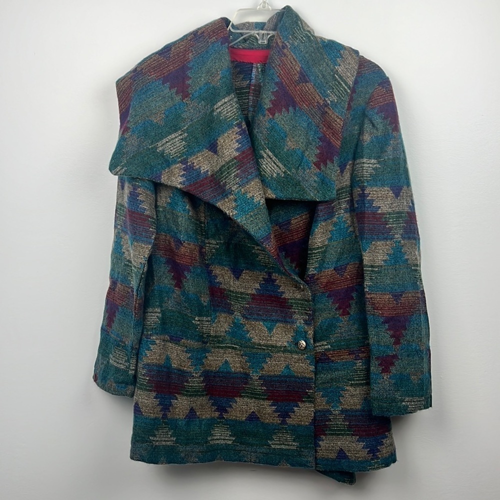 Vintage handmade jewel toned Aztec decorative button closure jacket